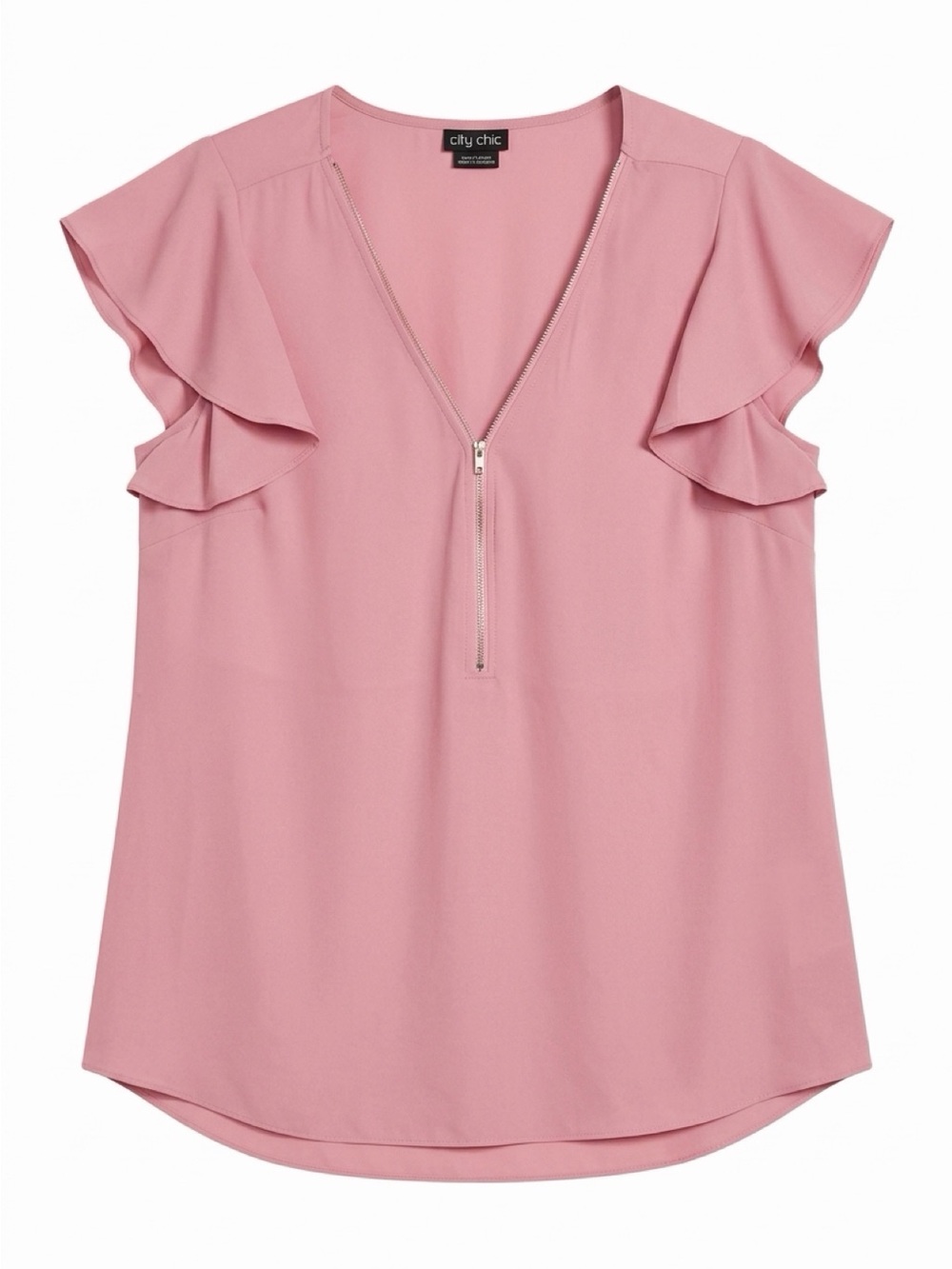 City Chic Dusty Pink Zip-Front Ruffle Sleeve Blouse